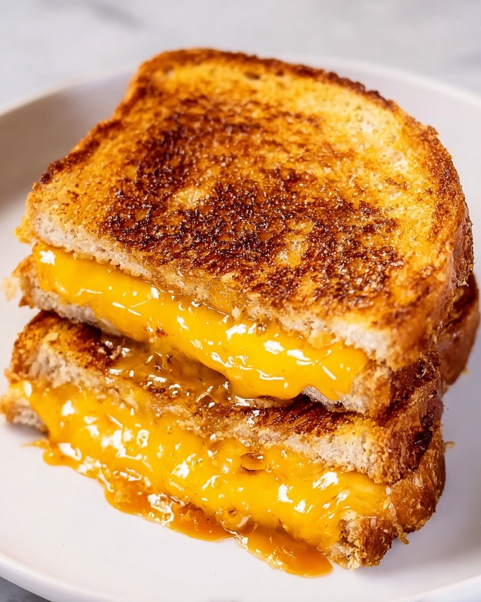 A close-up view of a grilled cheese sandwich on a white plate with a white marbled background, showing two slices of golden brown toasted bread with a crispy texture, filled with melted cheddar cheese that is oozing and dripping out from between the slices, with some cheese pooling slightly on the top slice creating a shiny, gooey layer. The sandwich appears thick, with the cheese layer in the middle being bright yellow-orange and smooth, slightly spilling out on the sides. Photo taken with an iphone --ar 4:5 --v 7