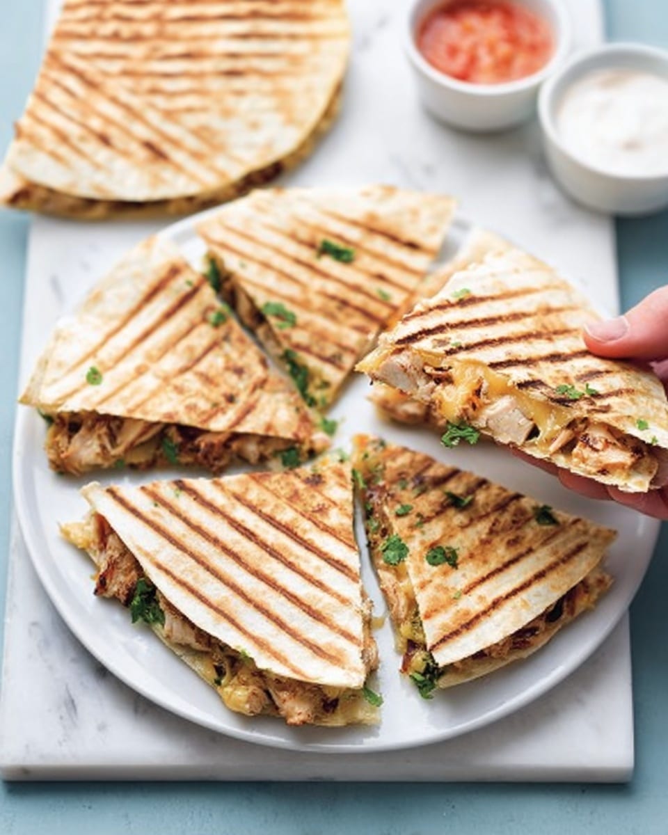 The image shows a white plate with three triangular pieces of grilled quesadilla layered with a tan, crispy tortilla top marked by grill lines; inside, the filling consists of a mix of shredded brown meat, green herbs, and small bits of red tomato, creating a colorful and textured center. Behind these pieces, a whole quesadilla, cut into wedges, is visible on a white marbled surface, with two small white bowls containing red and light-colored dips positioned in the background. The setting is bright and clean, with blue and red napkins under the plate. photo taken with an iphone --ar 4:5 --v 7