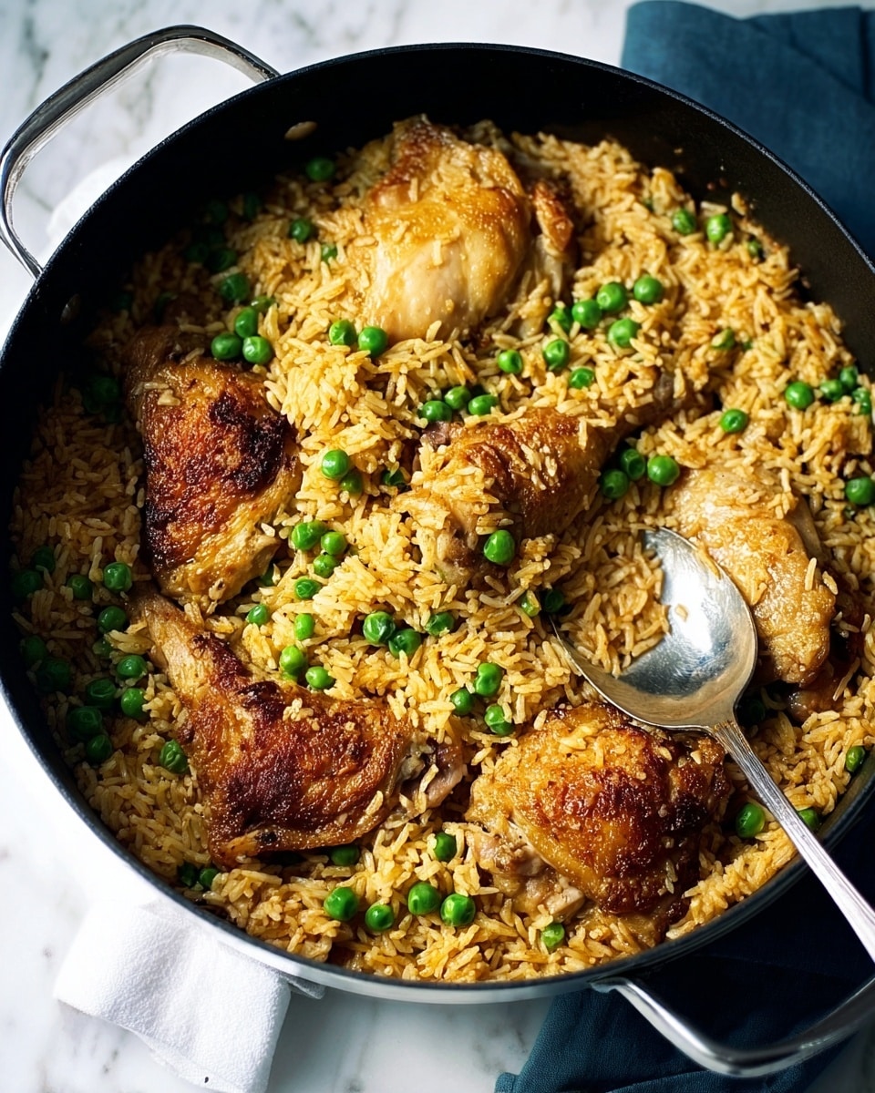 A black pot filled with a dish showing one layer of golden-brown cooked chicken pieces on top, surrounded by a thick layer of yellowish cooked rice mixed with bright green peas. The rice looks fluffy and slightly oily. A silver spoon rests inside the pot on the right side, partially covered by the rice. The pot sits on a white marbled surface with a folded white and dark blue striped cloth in the background. photo taken with an iphone --ar 4:5 --v 7