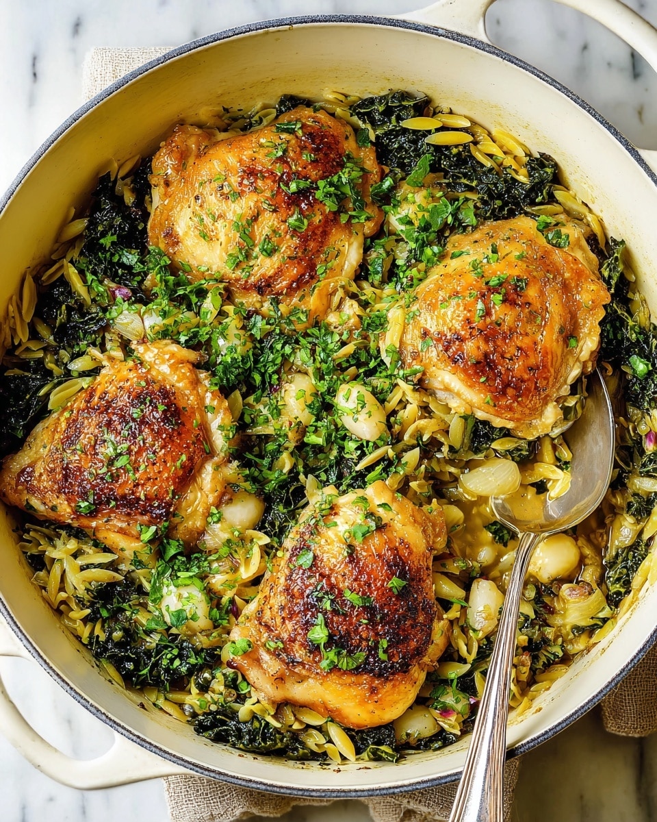 A white round pot filled with four golden-brown roasted chicken thighs placed on a bed of small pale yellow couscous mixed with dark green cooked leafy kale and light caramelized onion pieces. The chicken thighs have a shiny texture and are sprinkled with finely chopped fresh green herbs. A large silver spoon rests on the right side inside the pot, slightly lifting one of the chicken thighs. The scene sits on a white marbled surface. Photo taken with an iphone --ar 4:5 --v 7