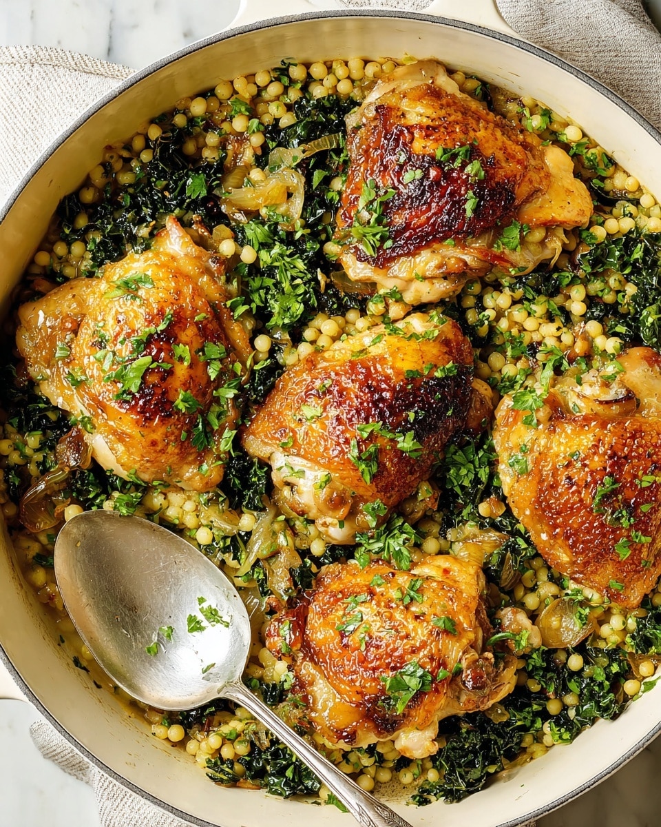 A white round pot filled with four pieces of golden-brown roasted chicken with crispy skin sitting on top of a layer of cooked small yellow pasta, dark green leafy vegetables, and bits of cooked onion. The chicken pieces are sprinkled with fresh bright green chopped herbs, adding color contrast. A silver spoon rests inside the pot on the right side, slightly lifting one chicken piece. The pot is placed on a white marbled surface. photo taken with an iphone --ar 4:5 --v 7