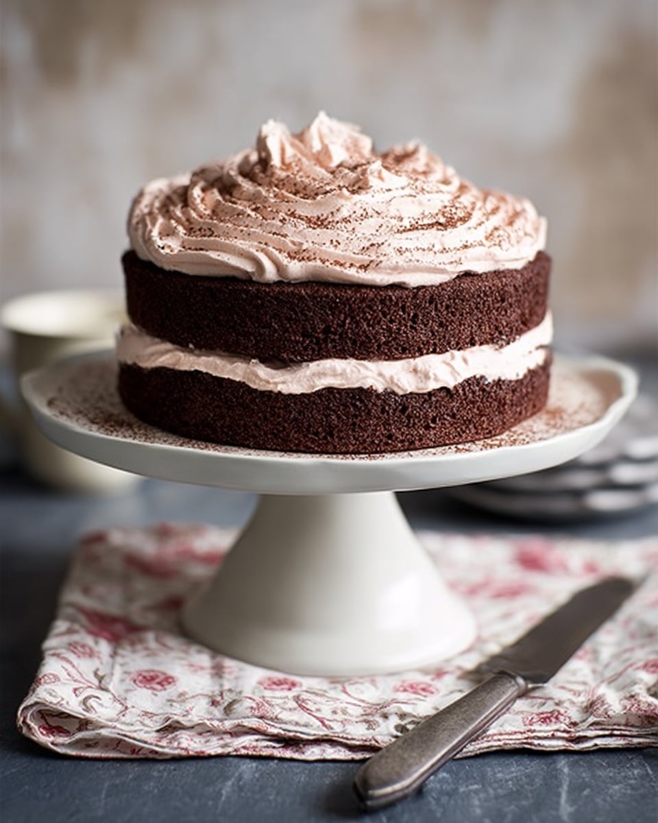 A two-layer chocolate cake sits on a white cake stand with a wide base, placed on a folded patterned cloth. The bottom layer is thick and dark brown with a smooth texture. Between the layers, there is a thick spread of light brown frosting that looks creamy. On top of the cake, the same light brown frosting is swirled into large, soft peaks, decorated with bits of chocolate. The background shows a white marbled texture surface with soft lighting, giving the cake a fresh and inviting look. Photo taken with an iphone --ar 4:5 --v 7