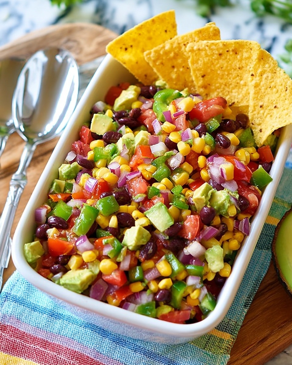 A white rectangular dish filled with a colorful mixed salad consisting of layers of diced green bell peppers, chopped red onions, fresh avocado cubes, yellow corn kernels, black beans, and small pieces of tomato, all mixed together with some green cilantro leaves scattered throughout. Three yellow tortilla chips are placed standing on the left side and spreading slightly over the top of the salad. The dish is set on a white marbled surface with a striped cloth underneath, showing a close-up of a silver fork and spoon resting next to the dish. Photo taken with an iphone --ar 4:5 --v 7