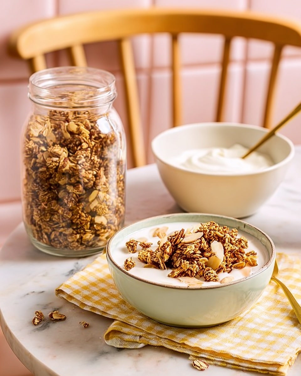 A white bowl filled with crunchy granola mixed with sliced almonds and topped with creamy white yogurt sits on a white marbled surface. Behind it, there is a clear glass jar full of the same granola, with the metal clasp lid open and resting to the side. Nearby, a white bowl holds more yogurt with a gold spoon inside, sitting on a yellow checkered cloth. To the right, a light pink bowl contains more granola. A wooden chair and a pink tiled wall form the background. Photo taken with an iphone --ar 4:5 --v 7