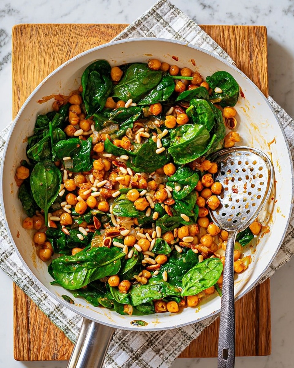 A white pan filled with a mix of bright green spinach leaves, light brown chickpeas, small orange golden raisins, and pale cream pine nuts, all tossed together. The spinach leaves are fresh and glossy, covering different parts of the pan's surface. The chickpeas are round and scattered evenly alongside the raisins and pine nuts, creating a colorful balance of textures. A silver slotted spatula with a dark wooden handle rests inside the pan, partially covered by the ingredients. The pan sits on a wooden board with a white and gray checkered cloth partly underneath, all set against a white marbled surface. photo taken with an iphone --ar 4:5 --v 7
