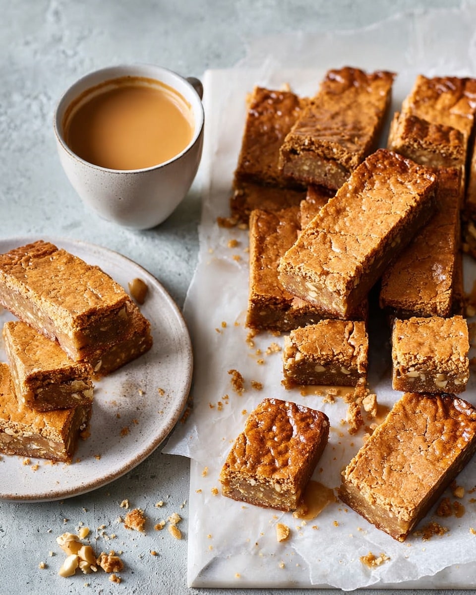 The image shows about eighteen rectangular golden brown blondies with a shiny, cracked top layer placed on a sheet of white parchment paper on a white marbled surface. One blondie is broken in half, revealing a light yellow inside with bits of nuts. To the left, a white ceramic cup filled with light brown coffee sits on a white plate, next to two more blondie pieces with crumbs around them. The arrangement is simple and rustic, emphasizing the dessert and coffee on a clean white marbled surface. Photo taken with an iphone --ar 4:5 --v 7