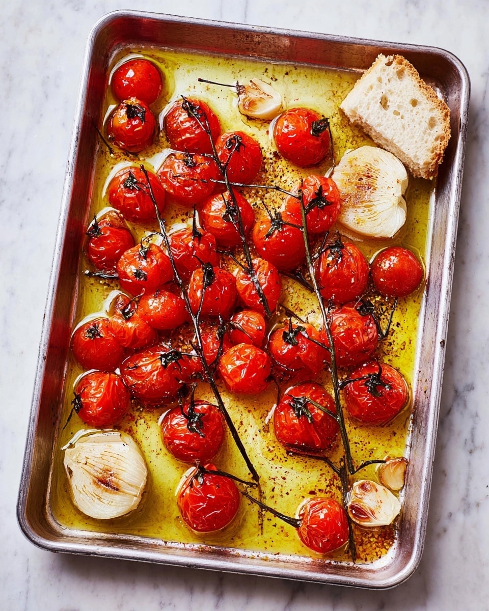 A metal baking tray filled with bright red roasted cherry tomatoes still on dark vine branches, scattered across a layer of golden olive oil with visible herbs and seasoning. Two halved heads of roasted garlic with a light brown caramelized top sit among the tomatoes, along with two pieces of torn crusty white bread soaked slightly in the oil. The tray is placed on a white marbled textured surface, showing a fresh, rustic cooking scene. Photo taken with an iphone --ar 4:5 --v 7