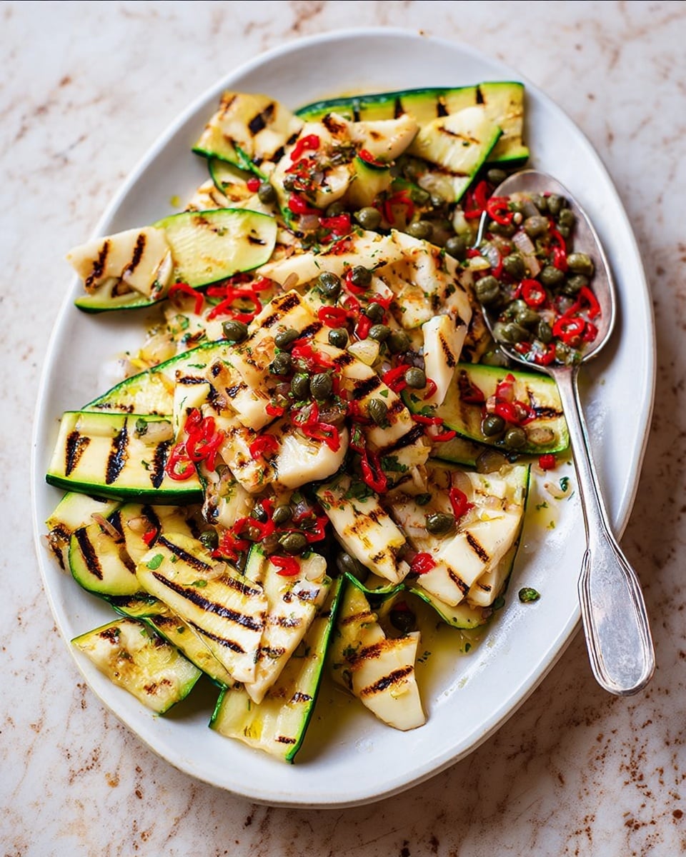 The image shows an oval white plate filled with two layers of grilled zucchini strips and grilled white cheese slices, each piece marked with dark grill lines. The zucchini pieces are bright green with darker green skin along the edges, and the cheese slices are creamy white, slightly browned. The dish is topped with small bits of red chili, finely chopped white onions, and scattered green capers, all adding color contrast. A silver spoon rests on the right side inside the plate. The plate is placed on a white marbled surface. Photo taken with an iphone --ar 4:5 --v 7