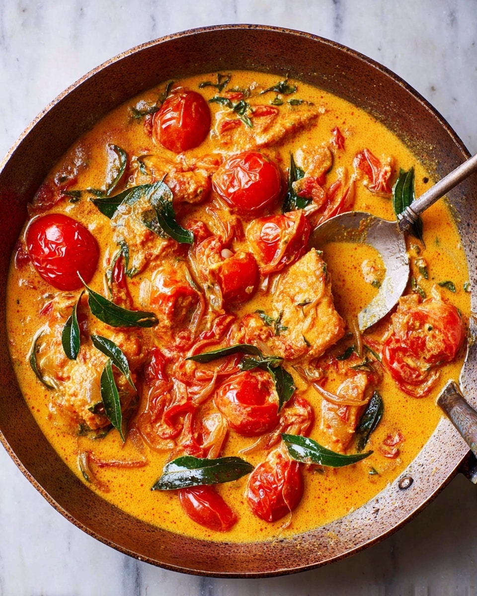 The image shows a rustic dark round pan filled with a creamy orange curry. Inside the curry, there are bright red tomato pieces scattered throughout, along with green curry leaves, and small light pink shrimp or seafood pieces. The curry sauce looks rich and smooth with some visible spices. A silver spoon is placed inside the pan on the left side. The pan is set on a white marbled surface. photo taken with an iphone --ar 4:5 --v 7