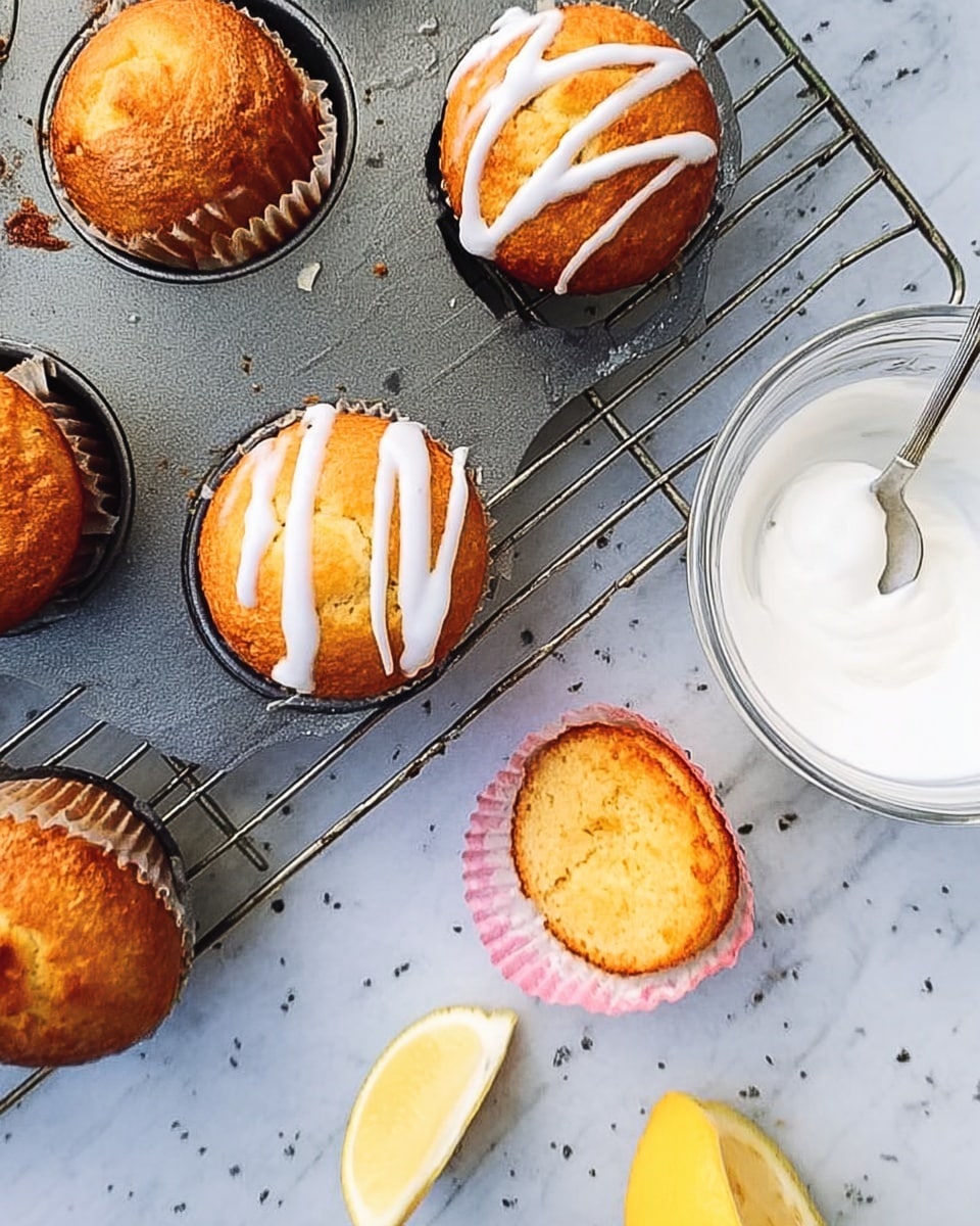 The image shows freshly baked golden-brown muffins cooling on a wire rack, two of which are drizzled with white icing in thin lines. One muffin has a white and pink striped paper liner partially peeled back, revealing the soft inside. Next to the rack is a white muffin tray with four empty slots and two muffins still inside. To the right, there is a small clear glass bowl filled with white icing and a spoon resting in it and a sliced lemon partially visible on a white marbled surface photo taken with an iphone --ar 4:5 --v 7