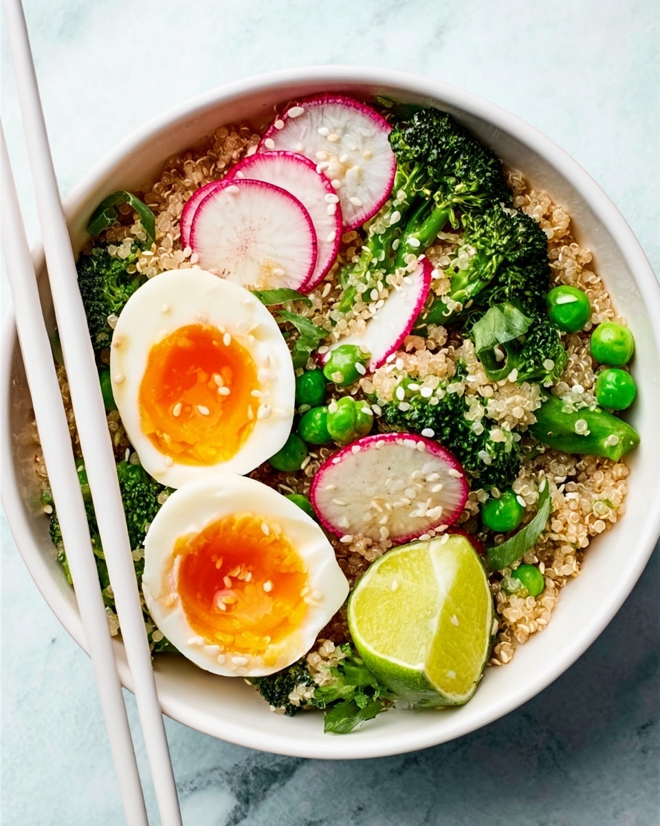 The image shows a white bowl filled with a healthy dish of quinoa as the base layer, light beige with a fluffy texture spread evenly at the bottom. On top, green vegetables like broccoli florets, peas, and green beans are scattered, adding fresh bright green hues and varied textures. Thinly sliced radish rounds with white and pink edges are placed across the bowl, bringing a crisp and colorful touch. Two halves of a soft-boiled egg with bright orange yolks and white edges are positioned near the front, sprinkled with white sesame seeds. A lime wedge with a bright green color rests next to some radish slices. White chopsticks are placed on the left side of the bowl, all set on a white marbled surface. The photo taken with an iphone --ar 4:5 --v 7
