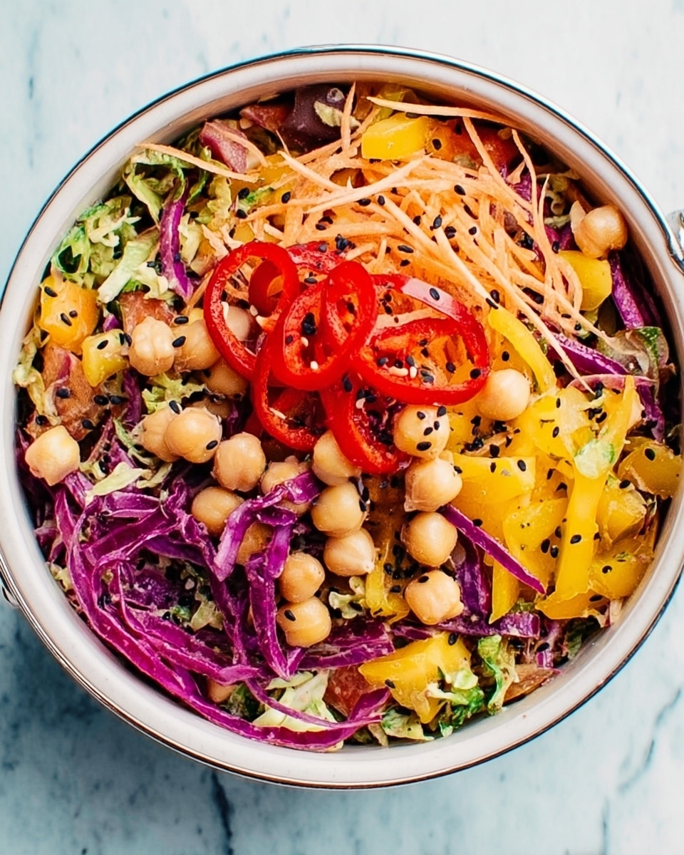 A round white bowl filled with a colorful salad sits on a white marbled surface. The salad has multiple layers starting with a base of mixed green leaves. On top, there are thin purple cabbage slices, orange shredded carrot ribbons, and small yellow mango chunks. Scattered across the salad are round beige chickpeas and thin red chili slices. The salad is sprinkled with tiny black sesame seeds, creating small black dots all over. The overall texture looks fresh and crunchy, with bright and vibrant colors evenly spread in the bowl. Photo taken with an iphone --ar 4:5 --v 7