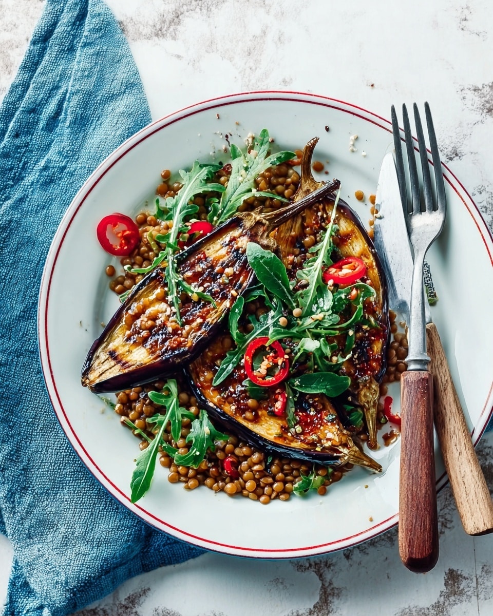 A white plate with red and blue stripes holds two roasted eggplant halves with shiny, dark brown grilled marks on top. The eggplants are placed on a bed of light brown lentils. Bright green parsley leaves and thin slices of red chili peppers are sprinkled on the eggplants and lentils. A fork and a knife with dark wooden handles rest on the right side of the plate. The plate is on a white marbled surface with a folded light blue cloth nearby. Photo taken with an iphone --ar 4:5 --v 7