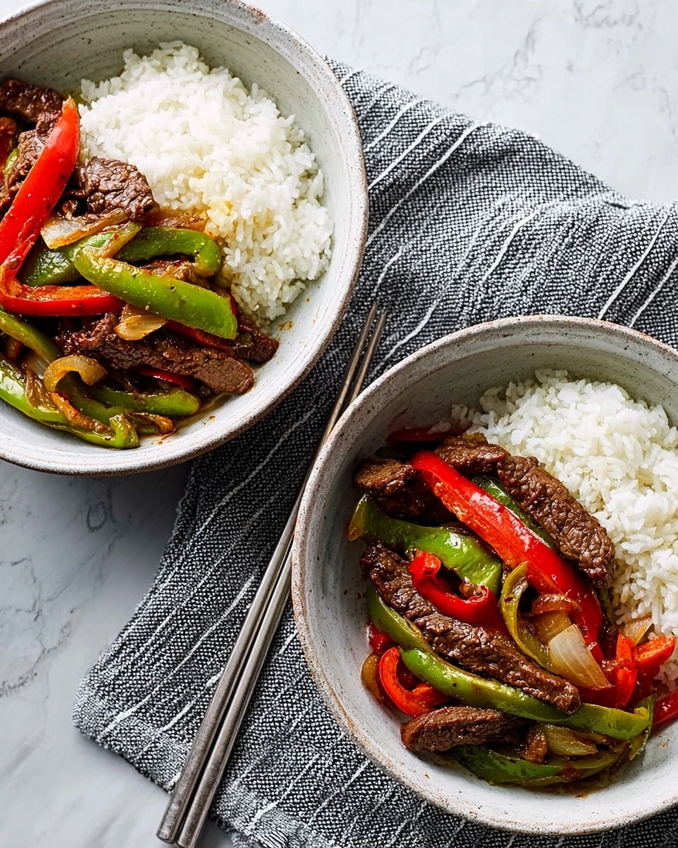 Two white bowls on a white marbled surface contain a colorful stir fry dish with white rice. Each bowl has one side filled with fluffy white rice, while the other side holds strips of cooked beef, green and red bell peppers, and cooked onions. The beef looks brown and tender with a slight glaze, and the vegetables appear soft and sautéed with a shiny texture. Two metal chopsticks rest beside the bowls on a pale blue and white striped cloth. Photo taken with an iphone --ar 4:5 --v 7