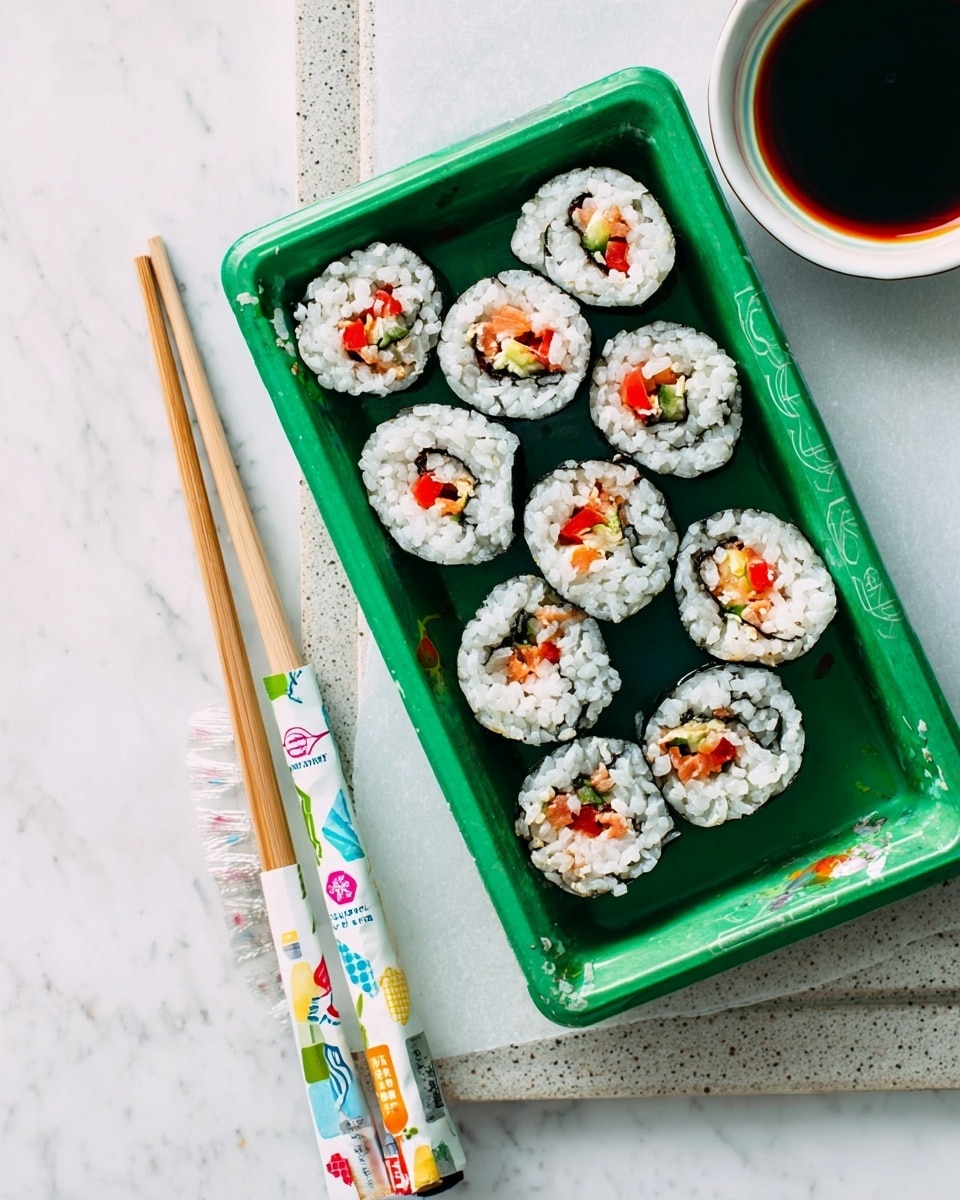 The image shows a green plastic tray filled with ten pieces of sushi rolls arranged in two groups, each sushi piece wrapped in dark seaweed with white rice inside, filled with small pieces of orange carrot and brown mushroom or tofu. A single sushi roll lies outside the tray on a white marbled surface. To the right of the tray, disposable chopsticks in a colorful geometric patterned wrapper rest on the surface. Below the tray, a small white scalloped dish holds dark soy sauce with a little spoon inside. The whole scene is set on a white marbled texture surface. Photo taken with an iphone --ar 4:5 --v 7