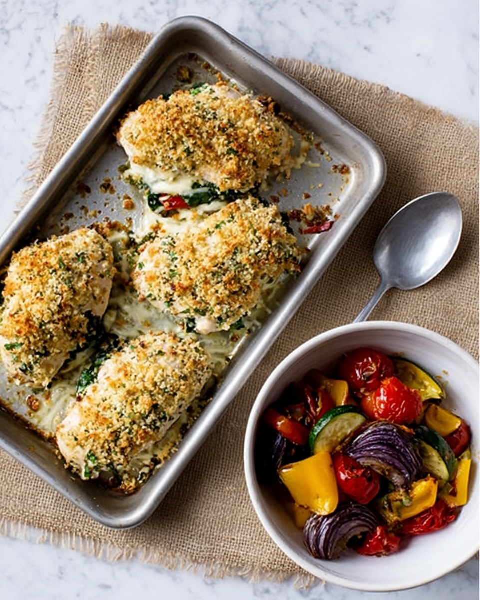 A small metal tray holds four pieces of baked chicken breast, each topped with a golden-brown breadcrumb crust with some green herbs visible beneath the crust, and white melted cheese peeking through, with some crispy bits around the edges. Next to the tray, a white bowl contains a mix of roasted vegetables including red cherry tomatoes, yellow bell pepper strips, green zucchini slices, and purple onion wedges, all with a slightly charred texture. A large silver spoon rests on the white marbled surface beside the bowl, and the whole setup is arranged on a piece of light brown fabric. The photo is taken with an iphone --ar 4:5 --v 7