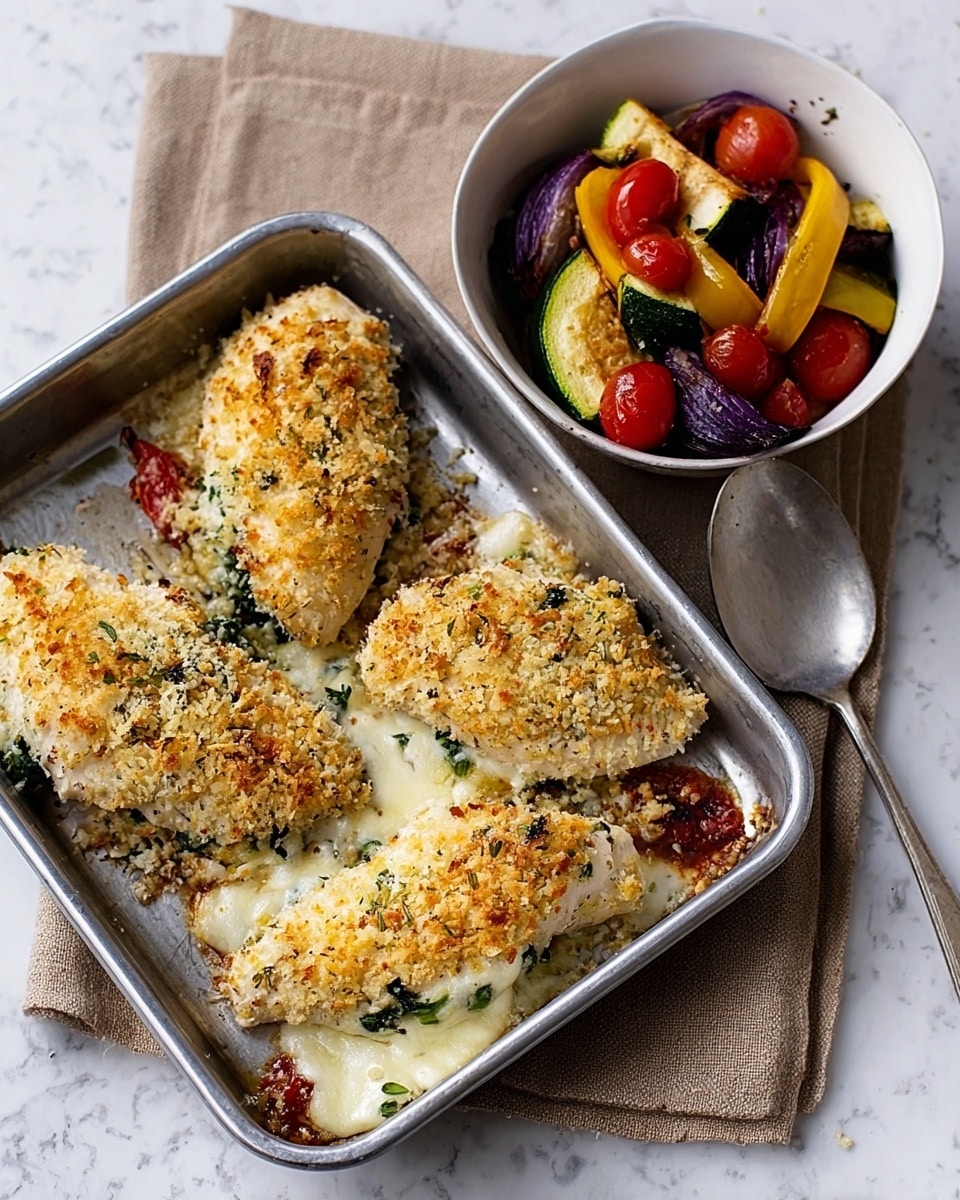 A metal baking tray holds four pieces of baked chicken, each topped with a golden, crumbly breadcrumb layer mixed with green herbs, and some cheese melting through. The chicken pieces are light beige with layers of green spinach peeking from under the breadcrumb topping. To the right, a white bowl is filled with a colorful mix of roasted vegetables, including red cherry tomatoes, yellow bell peppers, deep purple onion slices, and green zucchini, all glistening as if roasted. A large metal spoon lies next to the bowl on a white marbled surface, and the tray sits on a piece of coarse beige fabric. photo taken with an iphone --ar 4:5 --v 7