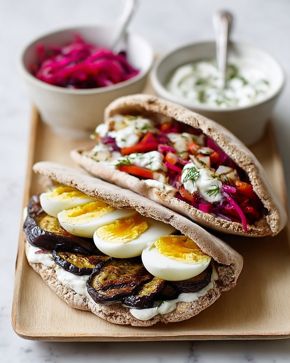 The image shows two pita pockets placed side by side on a light wooden tray atop a white marbled surface. Each pita is filled with sliced hard-boiled eggs arranged in a neat row, with the eggs showing bright white and yellow yolks. Below the eggs are thick, dark brown roasted or grilled eggplant slices with a slightly wrinkled texture. The pita bread itself is a soft brown color with a slightly rough surface. The pita on the right also contains a mix of thin red and purple vegetable strips, likely pickled, topped with white creamy sauce speckled with green herbs. Behind the tray are two small white bowls; the left one holds more of the red and purple pickled vegetables, and the right one contains extra white creamy sauce with green herbs, each with a small silver spoon inside. Photo taken with an iphone --ar 4:5 --v 7