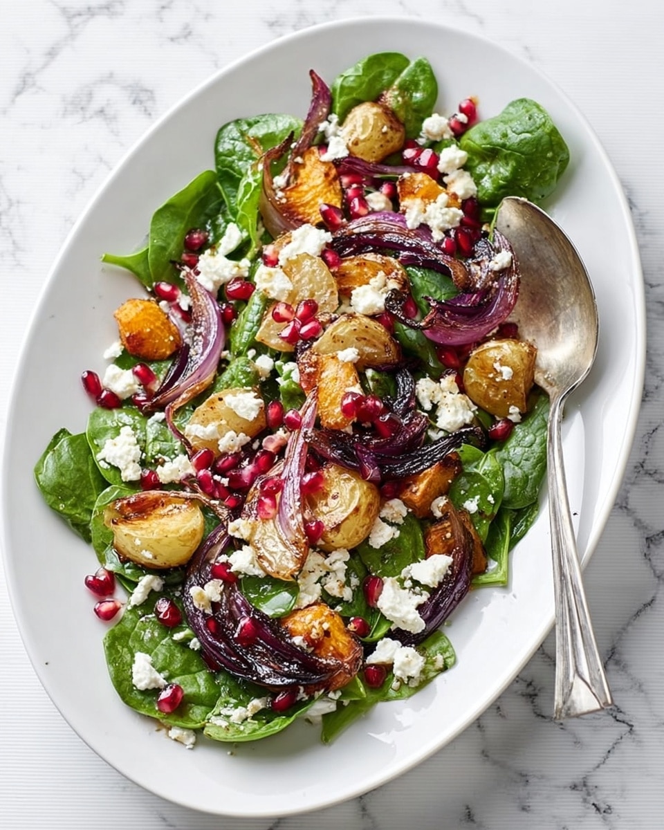 A white oval plate holds a colorful salad arranged in layers on a white marbled surface. The base layer is made of fresh bright green spinach leaves scattered around the plate. On top, roasted golden and orange carrot chunks are placed, along with pieces of roasted red onion showing purple and white layers. Small pomegranate seeds add vibrant red pops throughout the dish. Finally, crumbled white cheese is sprinkled on top, adding a grainy texture. A silver spoon lies on the edge of the plate. photo taken with an iphone --ar 4:5 --v 7