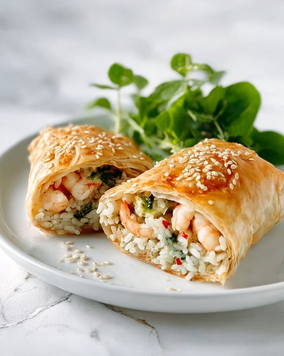 The image shows two cut pieces of a crispy golden-brown wrap with a flaky texture, sprinkled with light sesame seeds on top. Inside, the wrap is filled with white rice, small pieces of shrimp with an orange tint, bright green herbs, and small bits of red pepper. The wraps are placed on a plain white plate with some fresh green leafy herbs next to them. The background is a white marbled surface. photo taken with an iphone --ar 4:5 --v 7