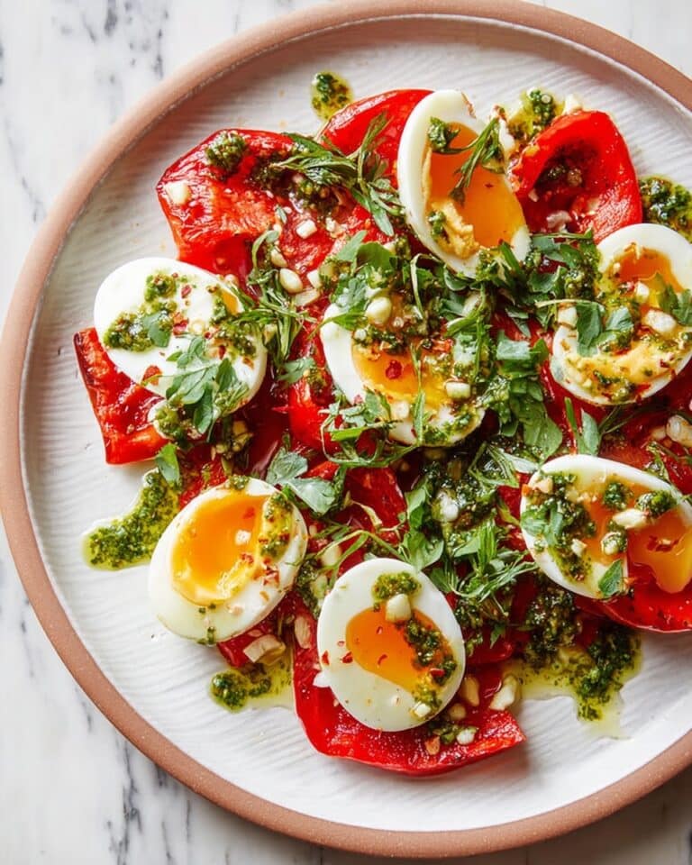 Roast Peppers with Jammy Eggs & Almond & Parsley Dressing Recipe