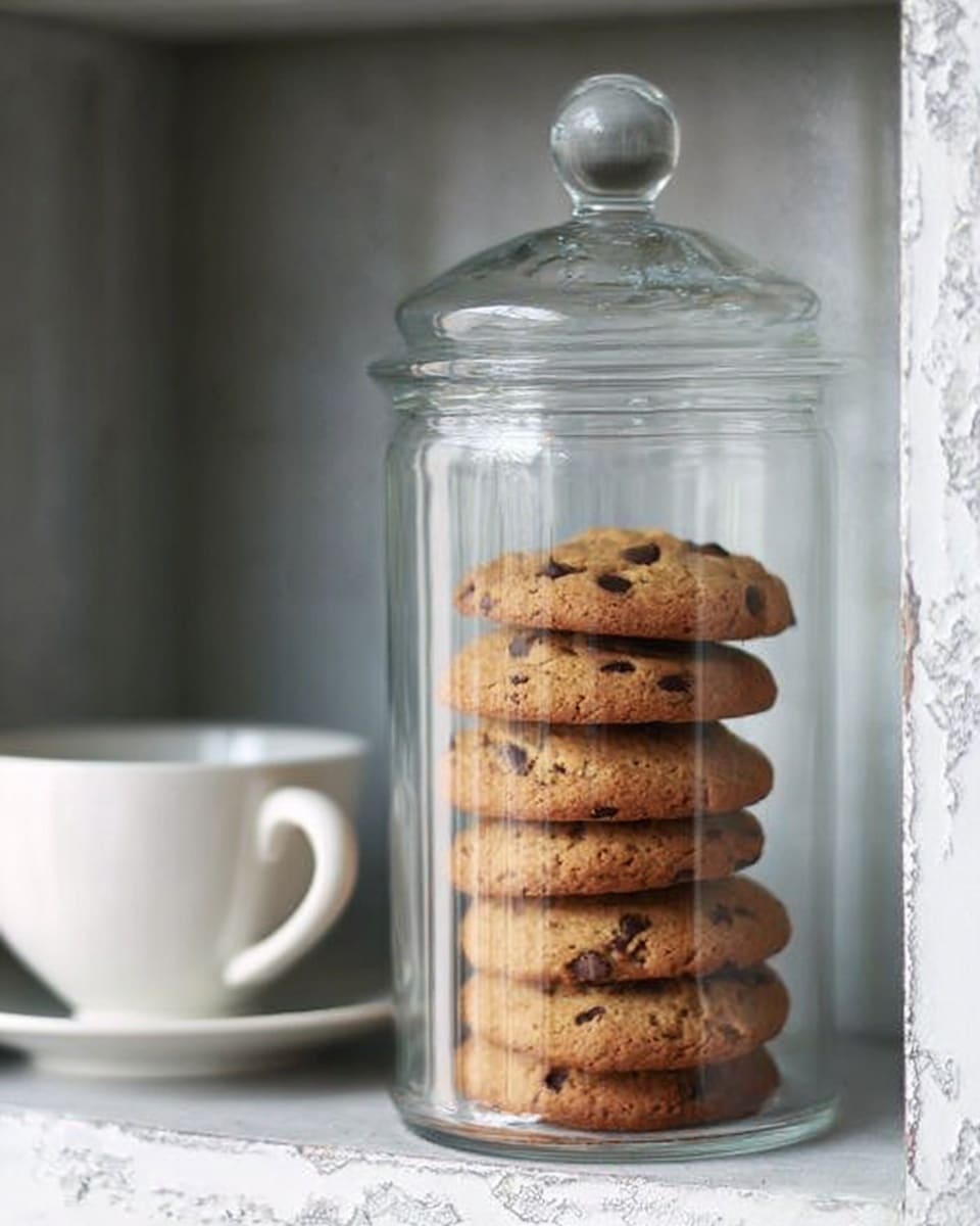 A clear tall glass jar filled almost to the top with seven round, golden brown chocolate chip cookies stacked neatly inside. The jar has a glass lid with a round knob on top, reflecting soft light. The jar is placed in a white wooden shelf with a slightly worn texture, beside a plain white cup and a small glass container. The background shows a white marbled texture as surface. photo taken with an iphone --ar 4:5 --v 7