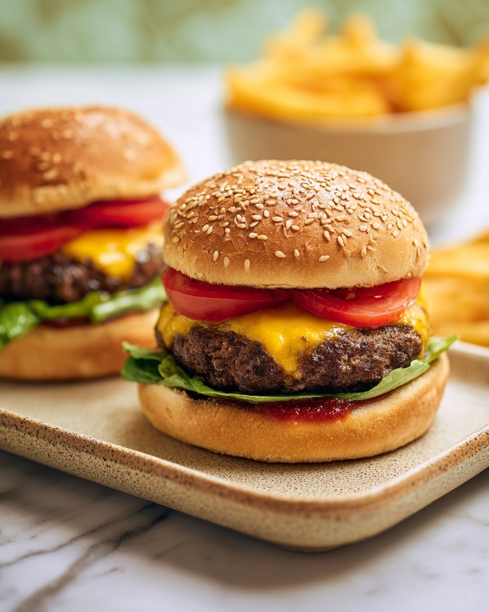 The image shows a close-up of two fresh cheeseburgers on a white speckled rectangular plate. Each burger has a sesame seed bun on top, with two bright red tomato slices just below it. Under the tomatoes, there is a thick, dark brown beef patty with melted yellow cheese peeking through the sides. Beneath the patty is a crisp green lettuce leaf, and a layer of red ketchup spreads across the bottom bun. In the background, a white bowl filled with golden crispy fries sits on a white marbled surface. The whole setting has a warm, yellow tone. photo taken with an iphone --ar 4:5 --v 7
