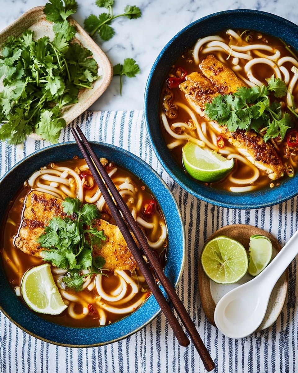 Two blue bowls filled with noodle soup sit on a white marbled surface covered partly by a blue and white striped cloth. Each bowl holds a dark reddish-brown broth with thick udon noodles twisted inside. On top of the noodles in each bowl, there is a seared piece of white fish sprinkled with black pepper and garnished with green cilantro leaves. Each bowl is also decorated with a lime wedge resting on the edge. Wooden chopsticks lay across the bowl in the front. On the side, a white spoon lies next to a small pile of fresh cilantro and another lime wedge on a white marbled surface. photo taken with an iphone --ar 4:5 --v 7