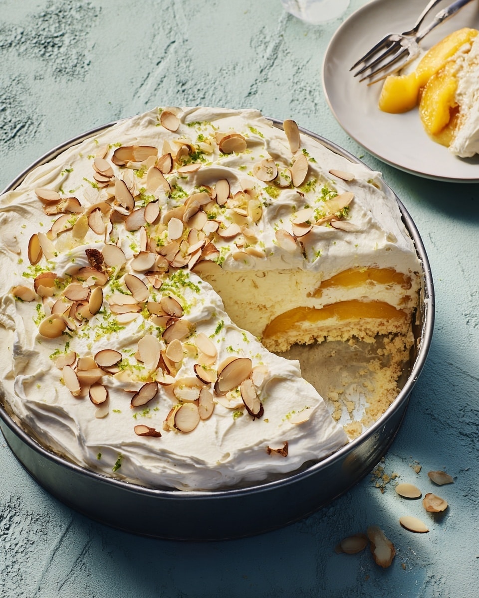 A round layered dessert in a silver pan with a slice removed shows three main layers: a creamy white whipped topping sprinkled with light brown sliced almonds and green lime zest on top, a bright yellow fruit layer beneath, and a soft white base layer at the bottom; part of the whipped layer swirls smoothly across the top, while the texture of the fruit layer looks juicy, and the bottom white layer appears spongy. A white marbled surface underneath and a white plate holding a slice with a fork nearby complete the scene. The photo taken with an iphone --ar 4:5 --v 7