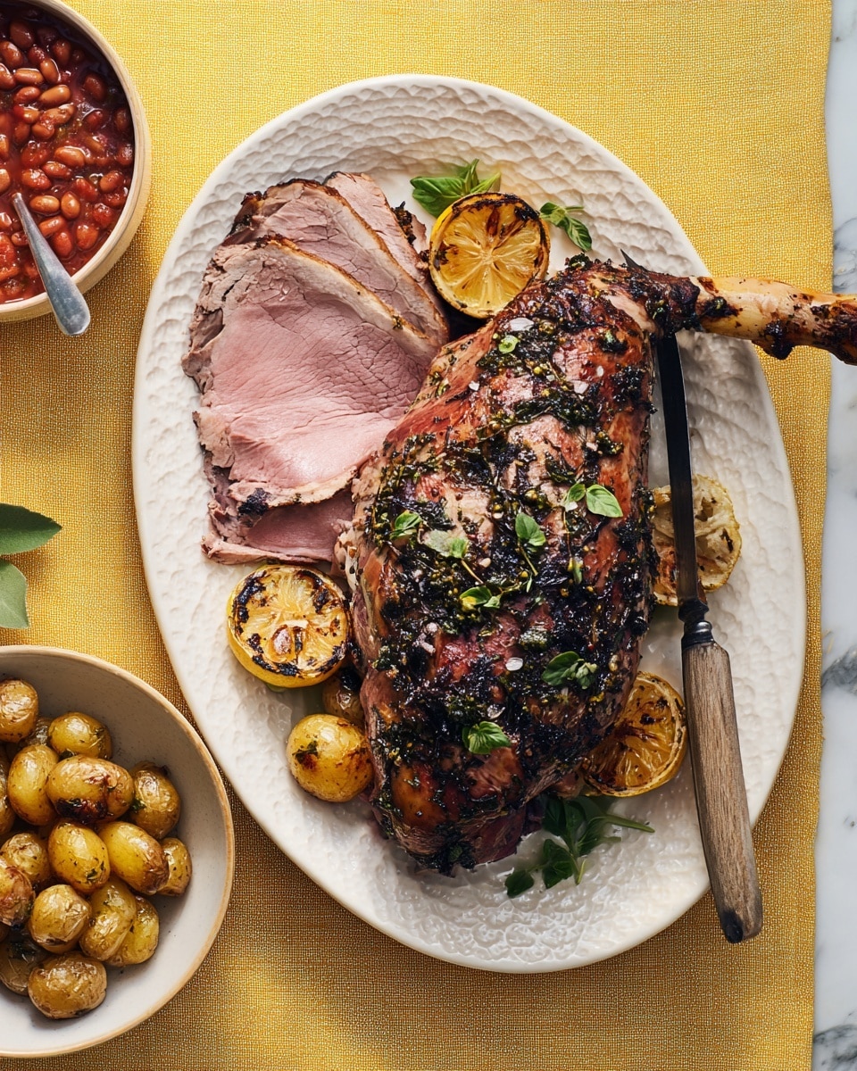 A large roasted leg of meat with a dark, crispy herb crust sits on the right side of a white oval plate with a textured pattern, garnished with small green leaves. To the left of the leg, several thick slices of the meat show a pink, juicy inside with a fork resting on top, the fork having a wooden handle. Around the meat are grilled lemon halves with a caramelized, golden-brown surface, and a whole roasted garlic bulb. Below the plate is a bowl of shiny, round golden roasted potatoes, each with a slightly rough texture, and a separate bowl containing a rich red sauce with beans, speckled with black pepper, all placed on a white marbled surface covered by a yellow cloth. Photo taken with an iphone --ar 4:5 --v 7