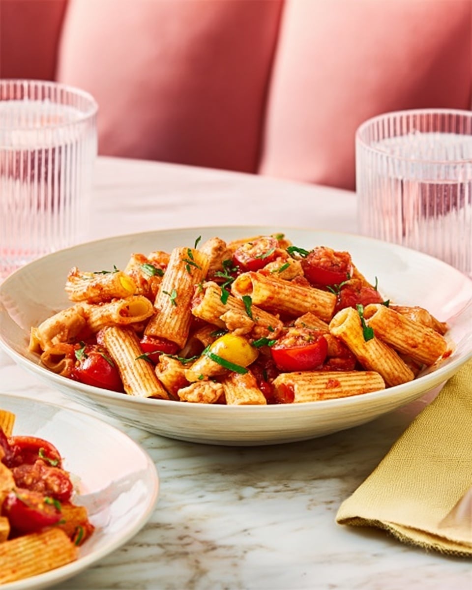 The image shows a white plate filled with penne pasta covered in a red tomato sauce mixed with small pieces of vegetables and herbs. The pasta is layered evenly across the plate, with bits of green herbs scattered on top as a garnish. The texture of the pasta is smooth with ridges, and the sauce looks thick. Two clear glasses with ridged patterns are placed beside the plate on a white marbled surface, with a yellow cloth napkin partially visible in the background along with a wooden chair and pink tiled wall. Photo taken with an iphone --ar 4:5 --v 7