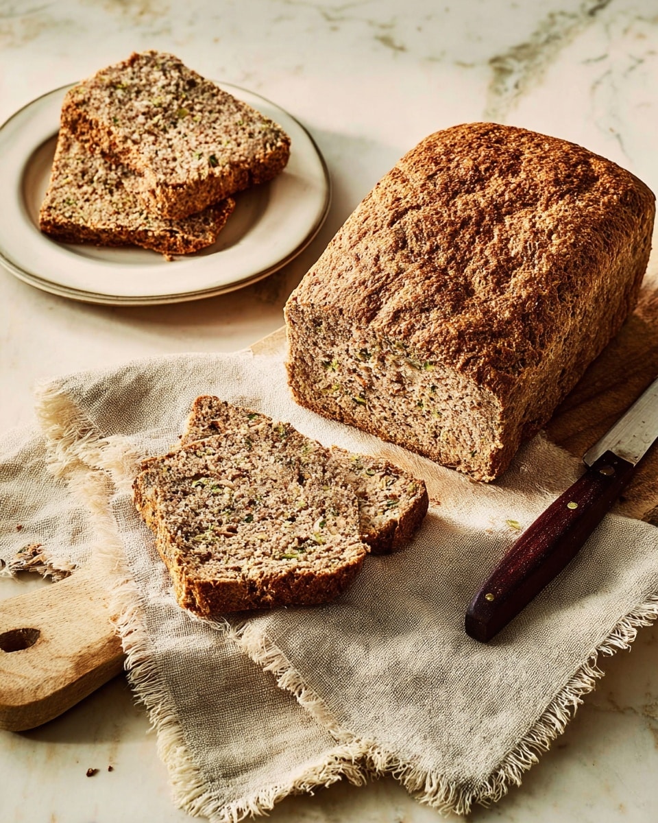 A loaf of brown bread with a rough, textured crust is placed on a gray cutting board with a dark wooden-handled knife. A thick slice is cut from the loaf and lies in front, showing a dense, speckled, slightly greenish inside. To the left, two slices of the same bread rest on stacked white plates set on a beige fringed cloth. The background surface is a white marbled texture. photo taken with an iphone --ar 4:5 --v 7