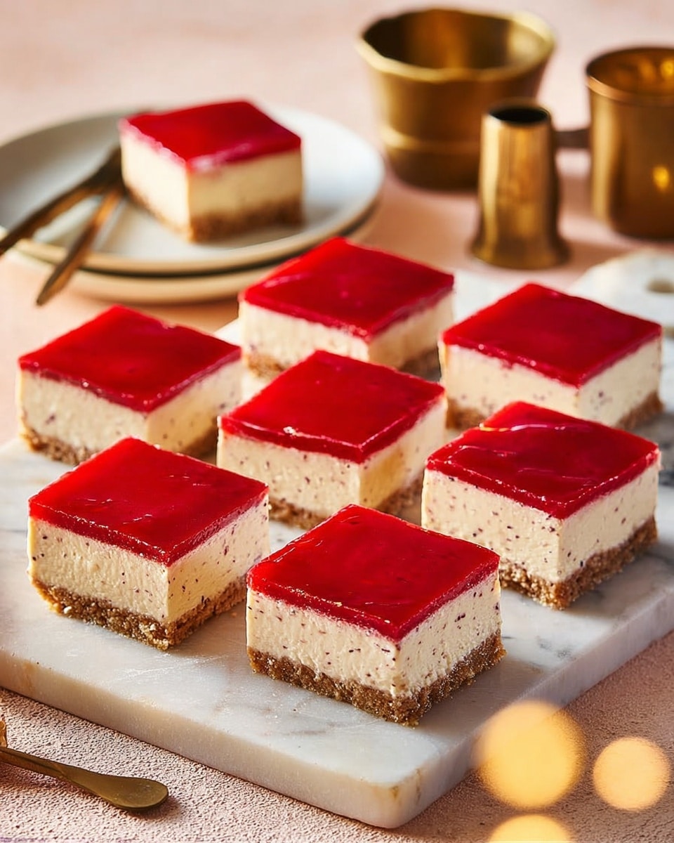 The image shows eight square dessert pieces arranged on a flat white marble board. Each piece has three clear layers: a bottom crumbly brown crust, a thick middle creamy beige layer with small darker dots, and a smooth, glossy bright red jelly-like top layer. One square dessert sits on a white plate beside the board, and a woman's hand holds a small spoon on the edge of the board. A copper butter knife is placed near the bottom right corner of the board. In the background, two rustic, worn-looking brown cups and a few green leaves with a small sprig of purple flowers are seen on a white marbled surface. The overall setting has warm lighting with some yellow light circles slightly blurring the front right corner. photo taken with an iphone --ar 4:5 --v 7