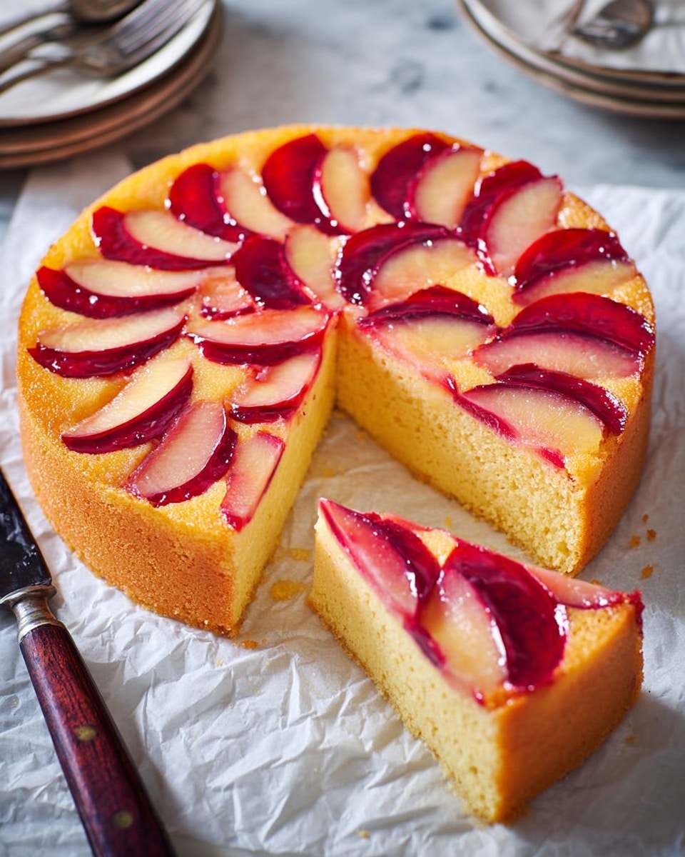 A round, single-layer cake with a golden brown bottom and a light yellow, soft crumb topped with sliced red plums arranged in a circular pattern, showing the fruit halves slightly sunk into the cake surface with a glossy finish. Two triangular slices are cut out and slightly lifted, displaying the moist texture inside. The cake is on white parchment paper over a white marbled surface, with a vintage knife beside it and a white plate with three forks in the background. photo taken with an iphone --ar 4:5 --v 7