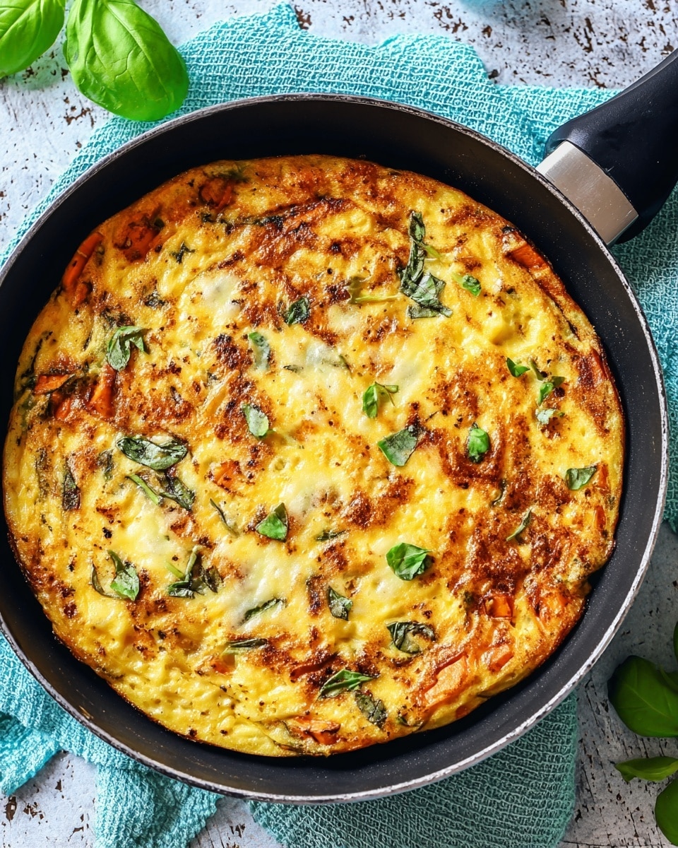 A round, golden-brown frittata cooked in a black pan with slightly browned, bubbly cheese on the top layer. Inside the frittata, visible chunks of orange sweet potatoes and green leafy herbs are evenly spread, giving a mix of soft textures and colors under the melted cheese. Fresh small basil leaves are scattered on top, adding bright green touches to the warm yellow and orange tones of the dish. The pan is placed on a light blue cloth on a white marbled surface with some green herbs also visible around it. photo taken with an iphone --ar 4:5 --v 7