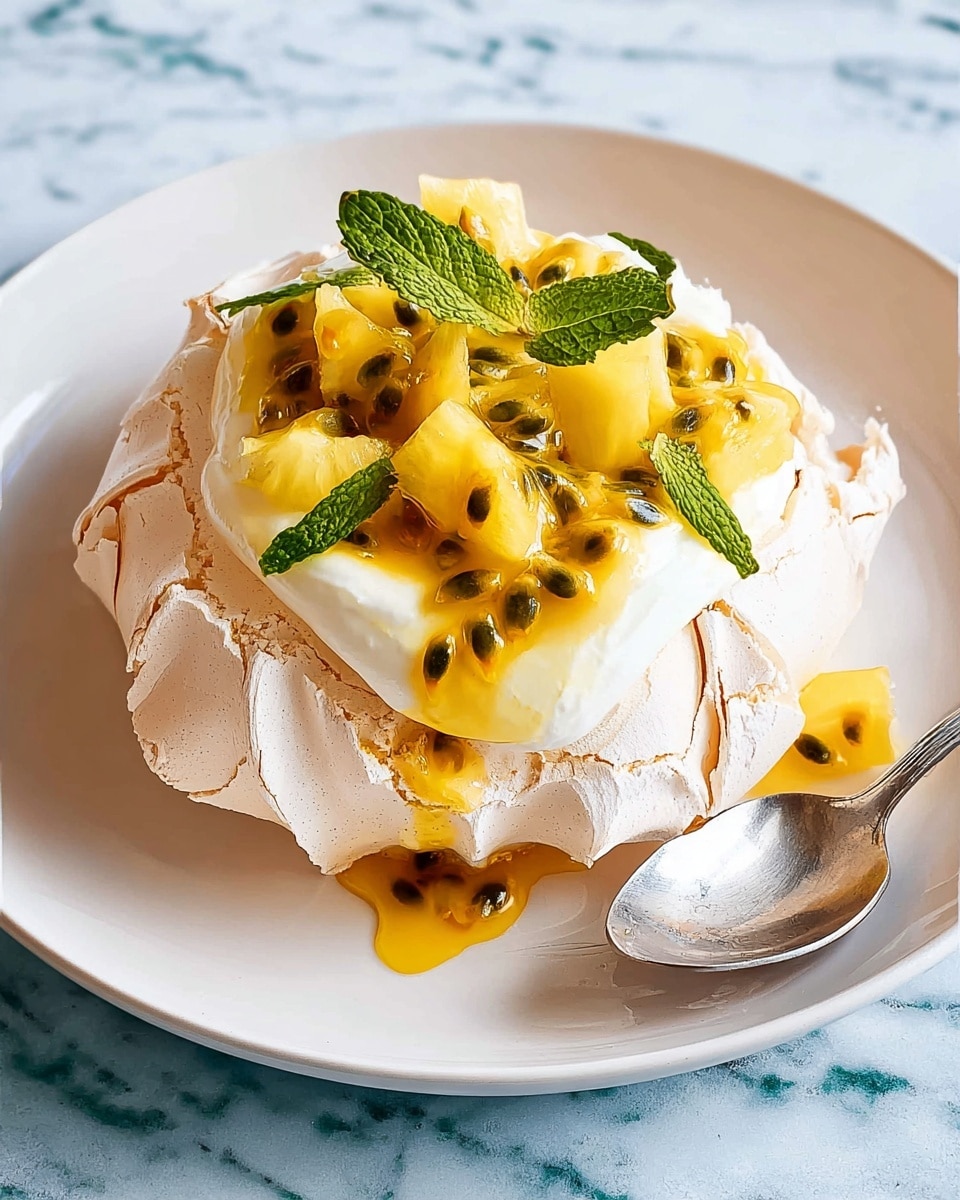 A small pavlova dessert is on a white plate, placed on a white marbled surface. The pavlova has three clear layers: the bottom layer is a light beige meringue with a cracked, crispy texture and swirled edges, the middle layer is smooth, thick white cream, and the top layer features yellow pineapple chunks and yellow passion fruit pulp with black seeds scattered throughout, garnished with thin green mint leaves. A silver spoon rests on the plate beside the pavlova. Some passion fruit juice and small mint leaves are also visible on the plate near the dessert. Photo taken with an iphone --ar 4:5 --v 7