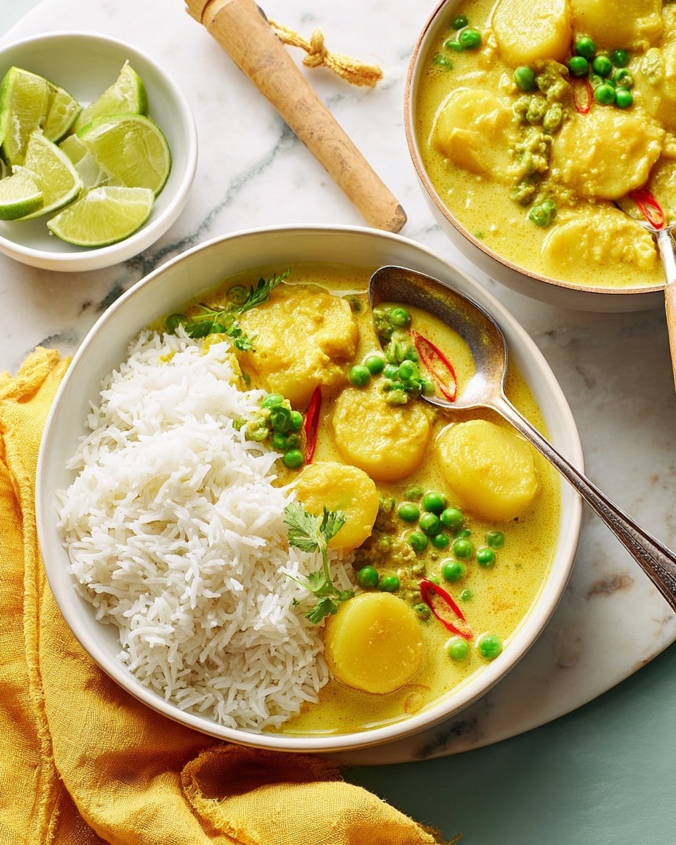 The image shows a close-up of a white bowl filled with two main layers: on the left side is plain white rice with a fluffy texture, and on the right side is a thick yellow curry with a creamy look, containing round yellow potato slices and bright green peas scattered on top, with a few chili peppers visible. A silver spoon rests in the bowl, partly submerged in the curry. Nearby, a white bowl holds more thick yellow curry with potatoes, peas, and red chili peppers, and a small white bowl with lime wedges sits next to it. The bowls are placed on a light, white marbled surface, with a yellow cloth and a wooden handle utensil resting behind the closest bowl. photo taken with an iphone --ar 4:5 --v 7
