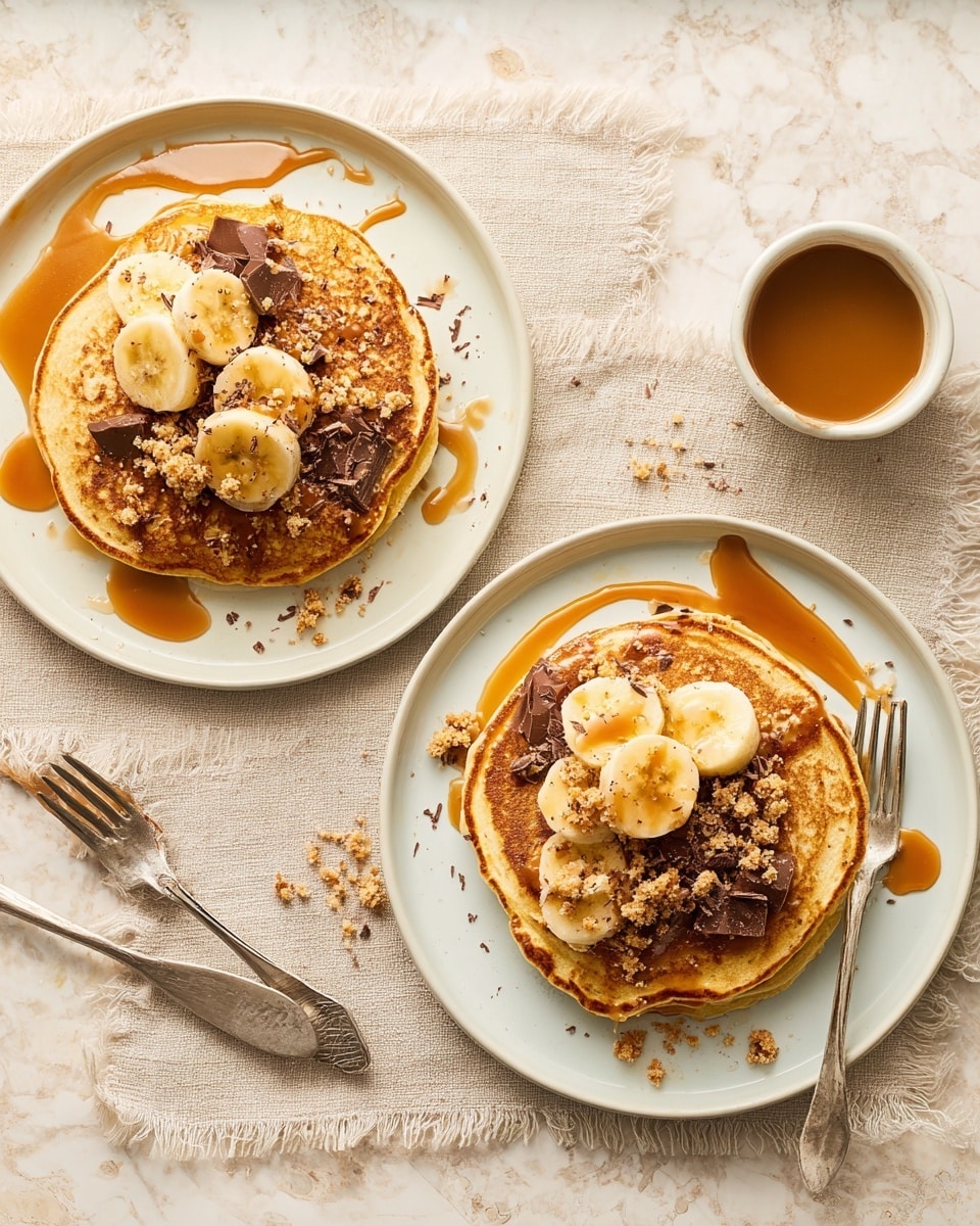 Two white plates each hold a stack of three golden brown pancakes. The pancakes are topped with several slices of light yellow banana arranged on top, with drizzles of caramel syrup over everything. Crushed cookie crumbs and thin shavings of dark chocolate are scattered over the pancakes and around the plates. One plate is resting on a soft light beige cloth napkin with two silver forks beside it, and the other plate is on a white marbled surface next to a small white bowl containing caramel sauce. Photo taken with an iphone --ar 4:5 --v 7