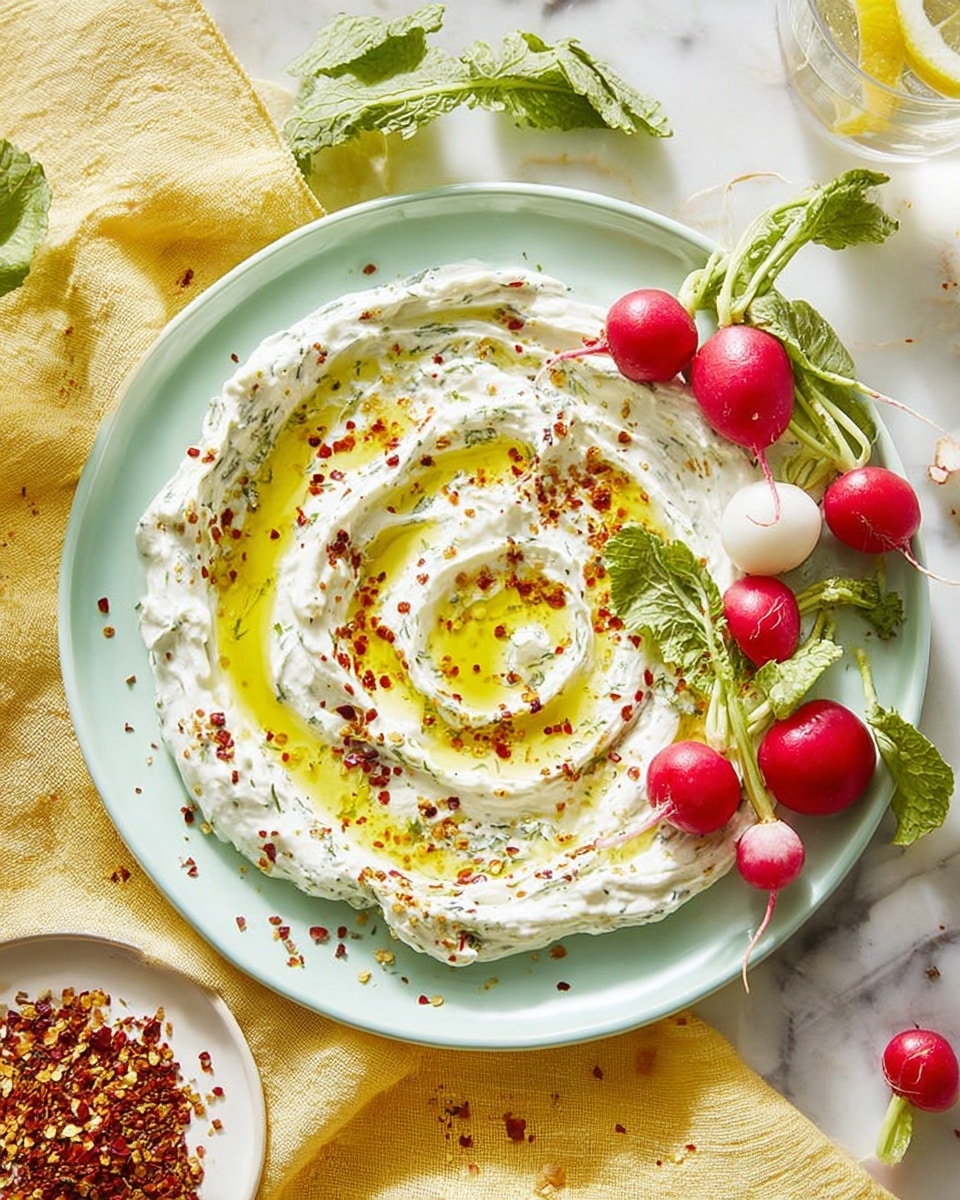 A white plate holds a single layer of creamy white yogurt mixed with herbs, spread in a circular swirl pattern. The yogurt is topped with golden olive oil drizzled in a spiral and sprinkled with red chili flakes and crushed spices, adding texture and color. On the right side of the plate, fresh radishes in red and white with green leafy tops rest, some slightly touching the yogurt. The plate is placed on a pale yellow cloth over a white marbled surface. On the lower right, a small white bowl contains a mix of reddish and green spices, and a glass of water with a lemon slice is partially visible at the top right. photo taken with an iphone --ar 4:5 --v 7