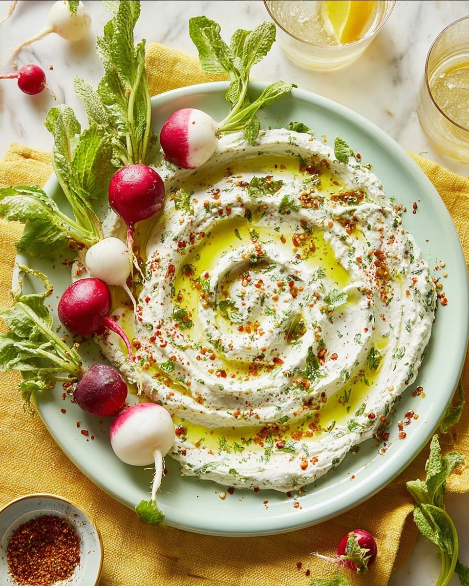 A white plate holds a thick, creamy layer of white dip with green herb flecks, swirled in a circular pattern across the surface. A yellow-green olive oil drizzle pools in the center and spreads out in the swirl, topped with a light dusting of reddish spices and crushed seeds. Around the plate edges, whole radishes with red, purple, and white skins and green leaves rest, some partially dipped into the spread. The plate sits on a yellow cloth over a white marbled surface with a glass of lemon water and a small bowl of spices nearby. photo taken with an iphone --ar 4:5 --v 7