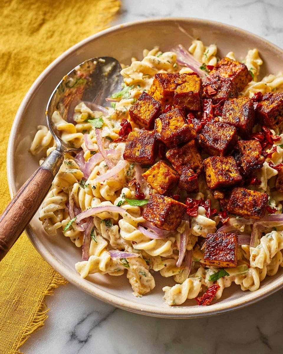 A close-up of a white bowl filled with creamy twisted pasta mixed with thin slices of purple onion and small green herb leaves, topped with a generous layer of browned, crispy protein pieces with a shiny glaze and small bits of red pepper. A silver spoon with a wooden handle rests on the right side inside the bowl, placed on a white marbled surface with warm yellow lighting nearby. Photo taken with an iphone --ar 4:5 --v 7