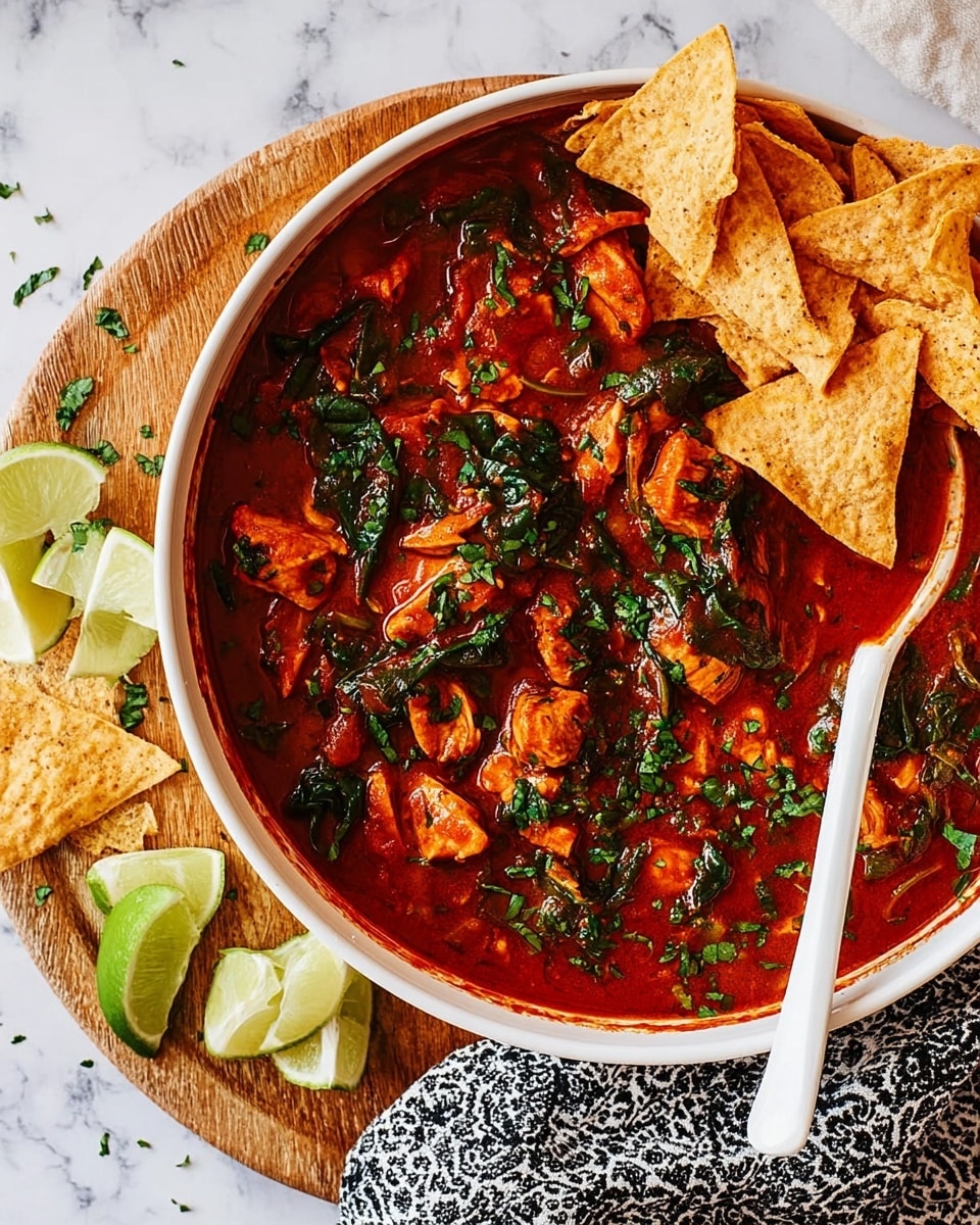 The image shows a deep white bowl filled with chunky red tomato sauce containing pieces of cooked chicken and fresh green spinach leaves mixed in. On top, there are thin, bright green strips of lime zest and fresh green herbs sprinkled for garnish. Around the bowl, several triangular golden crispy tortilla chips rest, with lime wedges nearby for squeezing. A silver spoon with a white handle is partially submerged in the sauce, resting on the bowl’s edge. The bowl is on a round wooden board, placed on a white marbled surface with a black and white cloth napkin draped slightly over the bowl’s edge. Photo taken with an iphone --ar 4:5 --v 7