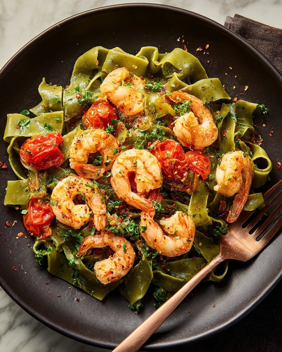A black bowl holds a dish with three main layers: at the bottom, bright green wide pasta ribbons twisted and piled neatly; in the middle, several pinkish-orange cooked shrimp scattered evenly; on top, glossy roasted cherry tomatoes in soft red, sprinkled with chopped fresh green herbs and red chili flakes, all glistening with a light sauce. A bronze fork rests on the right edge of the bowl. The bowl is placed on a woven brown cloth, all set against a white marbled background. Photo taken with an iphone --ar 4:5 --v 7