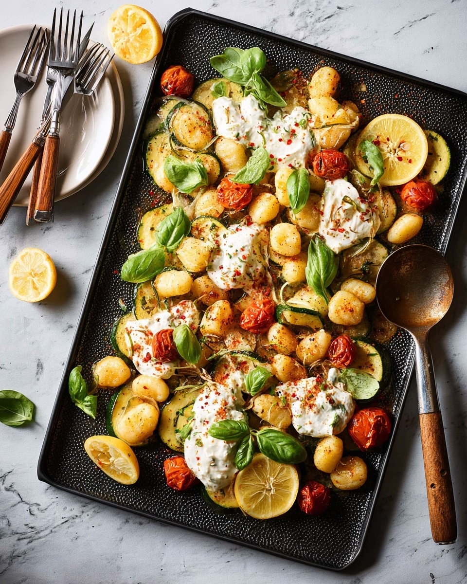 The dish shows a black square tray filled with three main layers: the bottom layer has small golden-brown gnocchi scattered all over, the middle layer has bright green zucchini slices and roasted red cherry tomatoes mixed in between the gnocchi, and the top layer is dotted with white dollops of creamy cheese and fresh green basil leaves. On the corners of the tray are bright yellow lemon wedges, and a vintage metal slotted spoon with a wooden handle rests on the right side, with a few gnocchi on it. To the left of the tray is a white plate holding wooden cutlery. The tray is set on a white marbled texture surface. photo taken with an iphone --ar 4:5 --v 7