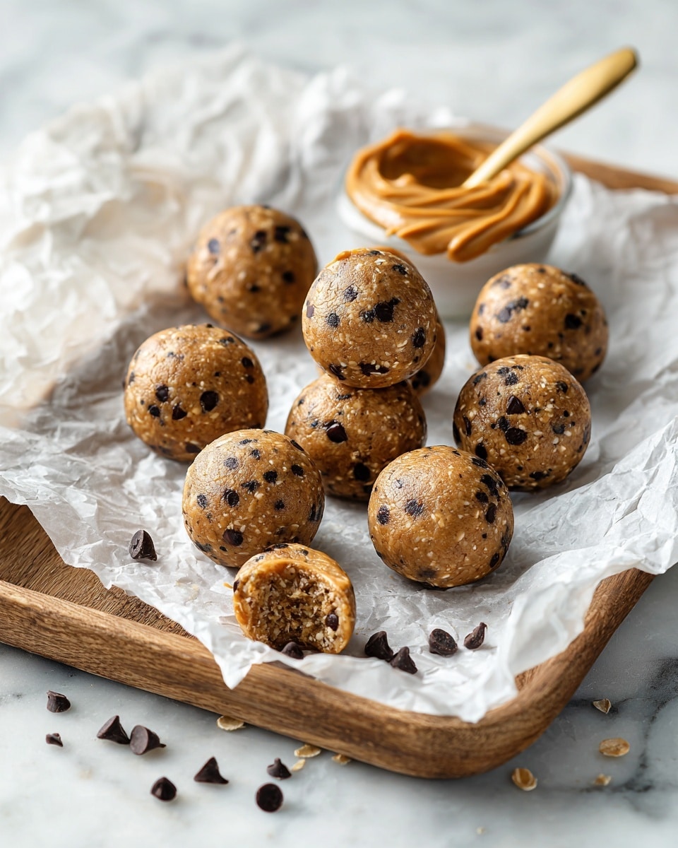 A round wooden tray holds ten ball-shaped energy bites that have a light brown mixed texture with visible small dark chocolate chips and seeds inside. One of the balls at the front is bitten in half, showing a soft inside. The balls rest on crumpled white parchment paper. Near the bottom left of the tray, a silver spoon contains creamy peanut butter with a smooth and shiny texture. The whole tray is on a white marbled surface with some scattered chocolate chips around. photo taken with an iphone --ar 4:5 --v 7