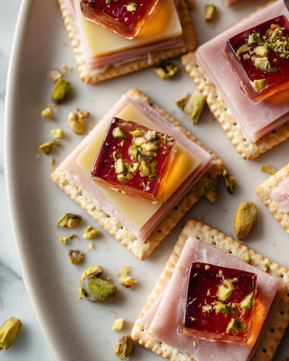 The image shows multiple small snacks arranged on a white plate placed on a white marbled surface. Each snack has three distinct layers: the bottom layer is a round, light brown cracker with a slightly rough texture. On top of the cracker, there is a thin layer of pinkish prosciutto folded softly. Above the prosciutto, there is a thick, square slice of pale yellow cheese with a smooth texture. Finally, the top layer is a shiny, translucent dark amber jelly square that looks firm and glossy, sprinkled with small chopped green pistachio pieces. The pistachio bits are scattered lightly over the plate as well. photo taken with an iphone --ar 4:5 --v 7
