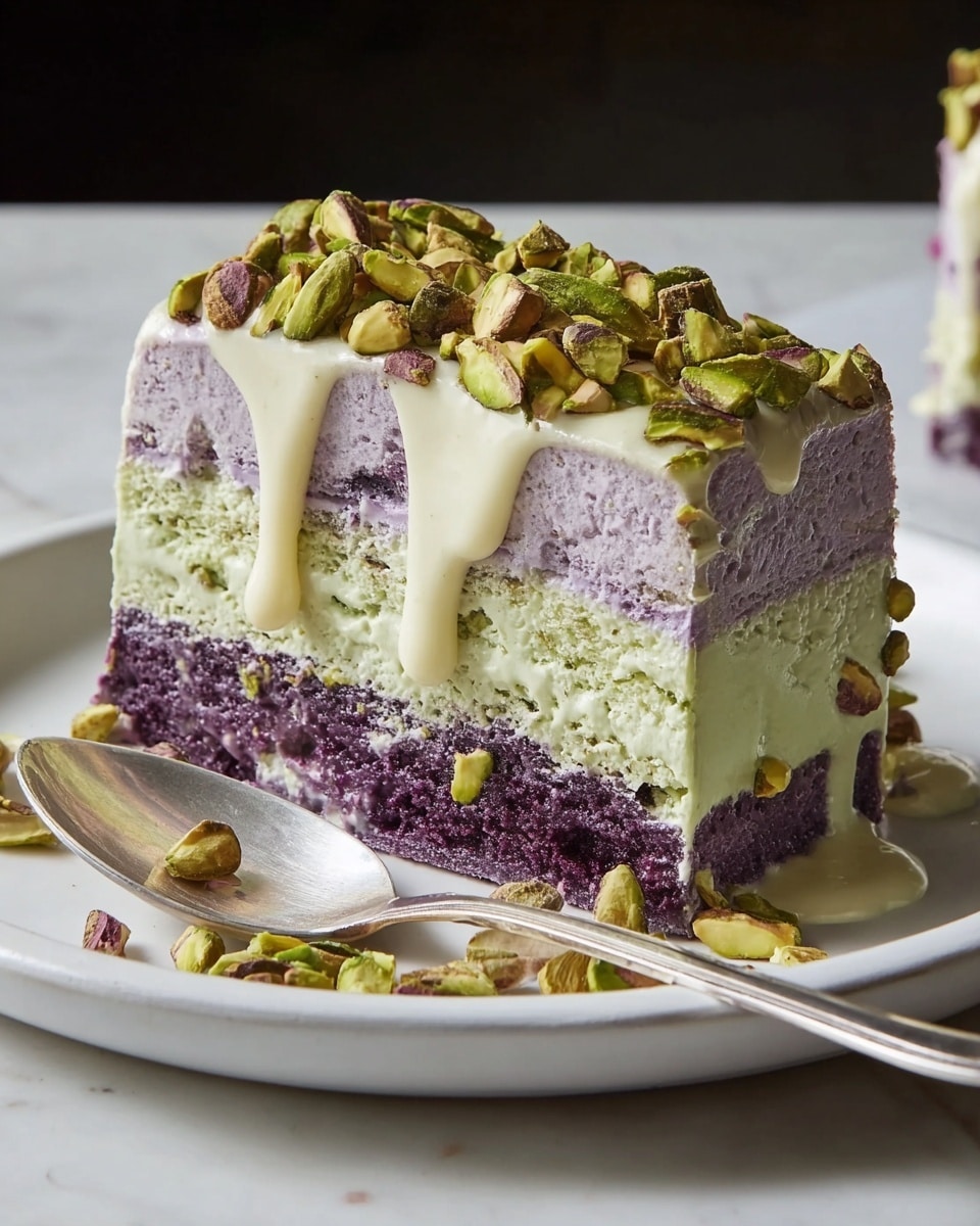A slice of layered dessert with a thick base of deep purple mousse, topped by a lighter greenish-yellow creamy layer, both layers showing a smooth and slightly airy texture. The top is covered with chopped pistachios in green and brown shades, spread unevenly. White creamy drizzle drips down from the top edge. The dessert sits on a white plate with scattered pistachio pieces around it, and a metal spoon lies on the left side. The background is a white marbled texture. photo taken with an iphone --ar 4:5 --v 7