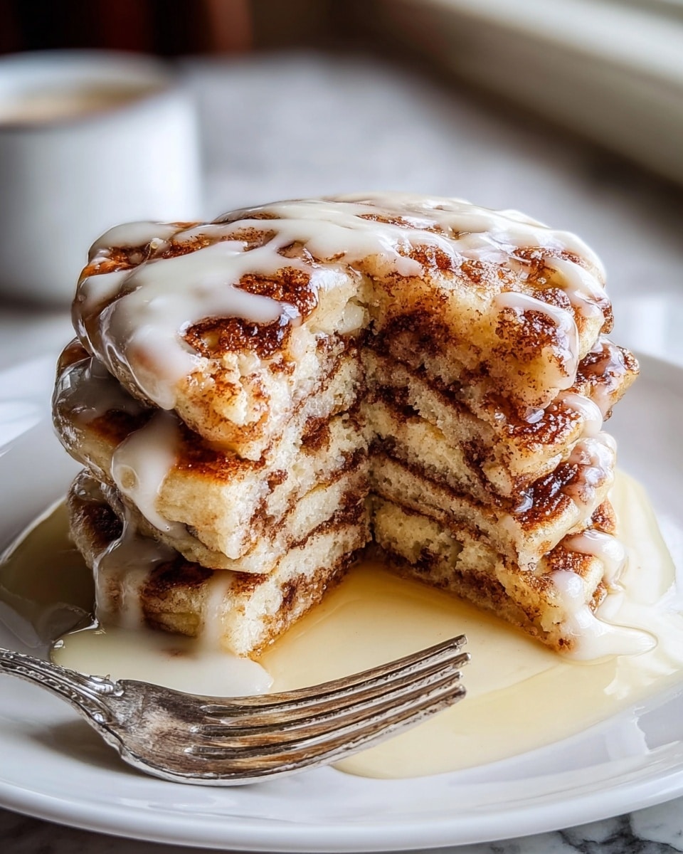 A stack of three thick pancakes sits on a white plate with a silver fork beside it; the pancakes are golden brown with visible cinnamon swirl layers inside each one, showing textured and slightly fluffy interior. The top pancake has been cut into, revealing the soft layers inside. White glaze is drizzled generously over the pancakes, dripping down the sides and pooling on the plate, creating a glossy contrast to the warm, brown cinnamon swirls. The setting includes a blurred window background and a white marbled surface beneath the plate. photo taken with an iphone --ar 4:5 --v 7