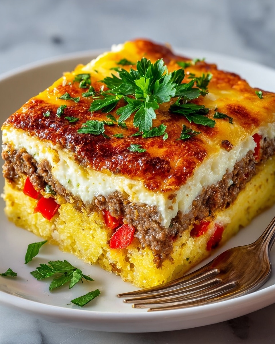 A square piece of layered casserole on a white plate shows four layers: the bottom layer is a yellow, fluffy egg mixture with red bell pepper pieces and green herbs visible; above it is a brown, crumbly ground meat layer; next is a white, soft layer of cooked egg whites or cheese; the top layer has a golden-brown melted cheese crust with a slightly crispy texture, garnished with small green parsley leaves. Small pieces of parsley are scattered around the plate, and a silver fork rests at the plate's edge on a white marbled surface. photo taken with an iphone --ar 4:5 --v 7