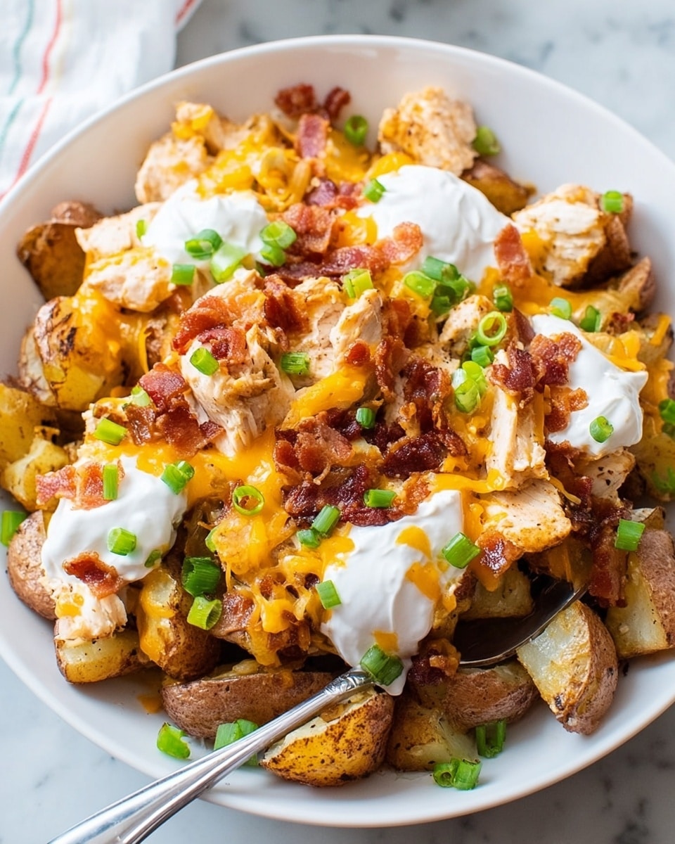 The dish is presented in a white bowl filled with three main layers. The bottom layer consists of roasted potato chunks with golden-brown skin and a soft texture. The middle layer has cooked chicken pieces that are light brown and tender. The top layer is a mix of melted orange cheddar cheese, crispy reddish-brown bacon bits, dollops of white sour cream, and bright green chopped scallions sprinkled all over. A silver fork rests on the side inside the bowl, all placed on a white marbled surface. Photo taken with an iphone --ar 4:5 --v 7